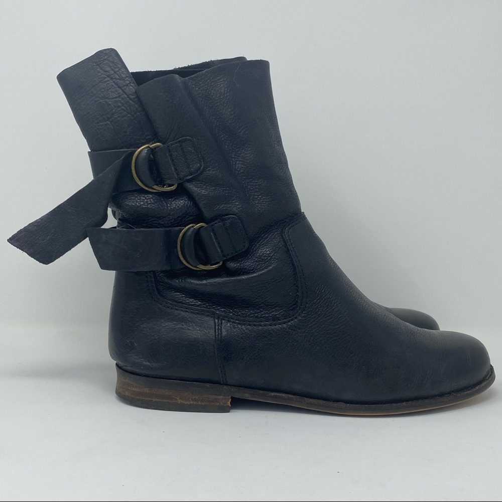 Steven by Steve Madden Black Leather Mid Calf Biker Slouch Boots, 7